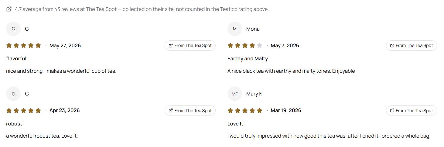 Recensioni esterne da un negozio di tè mostrate su una scheda di tè