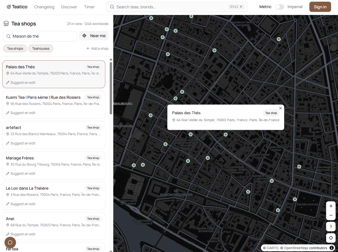 Screenshot della pagina con la mappa dei negozi di tè
